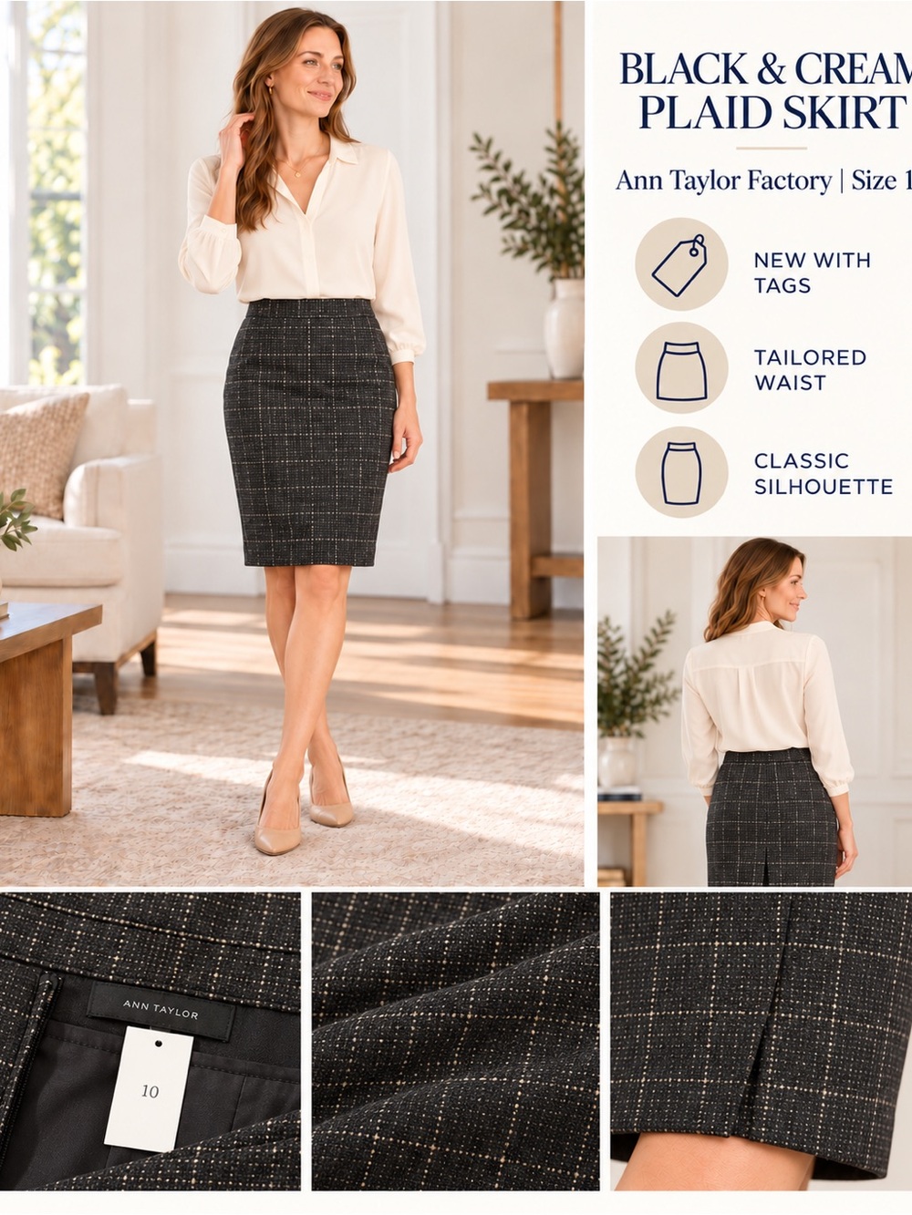 Ann Taylor Factory Black & Cream Plaid Skirt, Size 10, NWT